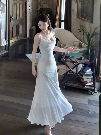 Sparkly Mermaid Spaghetti Strap White Chiffon With Sequined Sleeveless Date Night Outfits Outdoor Semi Formal Long Wedding Guest Dresses RB5052