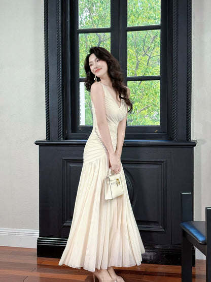 Sparkly Mermaid V Neck Chiffon With Folded Sleeveless Date Night Outfits Outdoor Semi Formal Long Wedding Guest Dresses RB5053