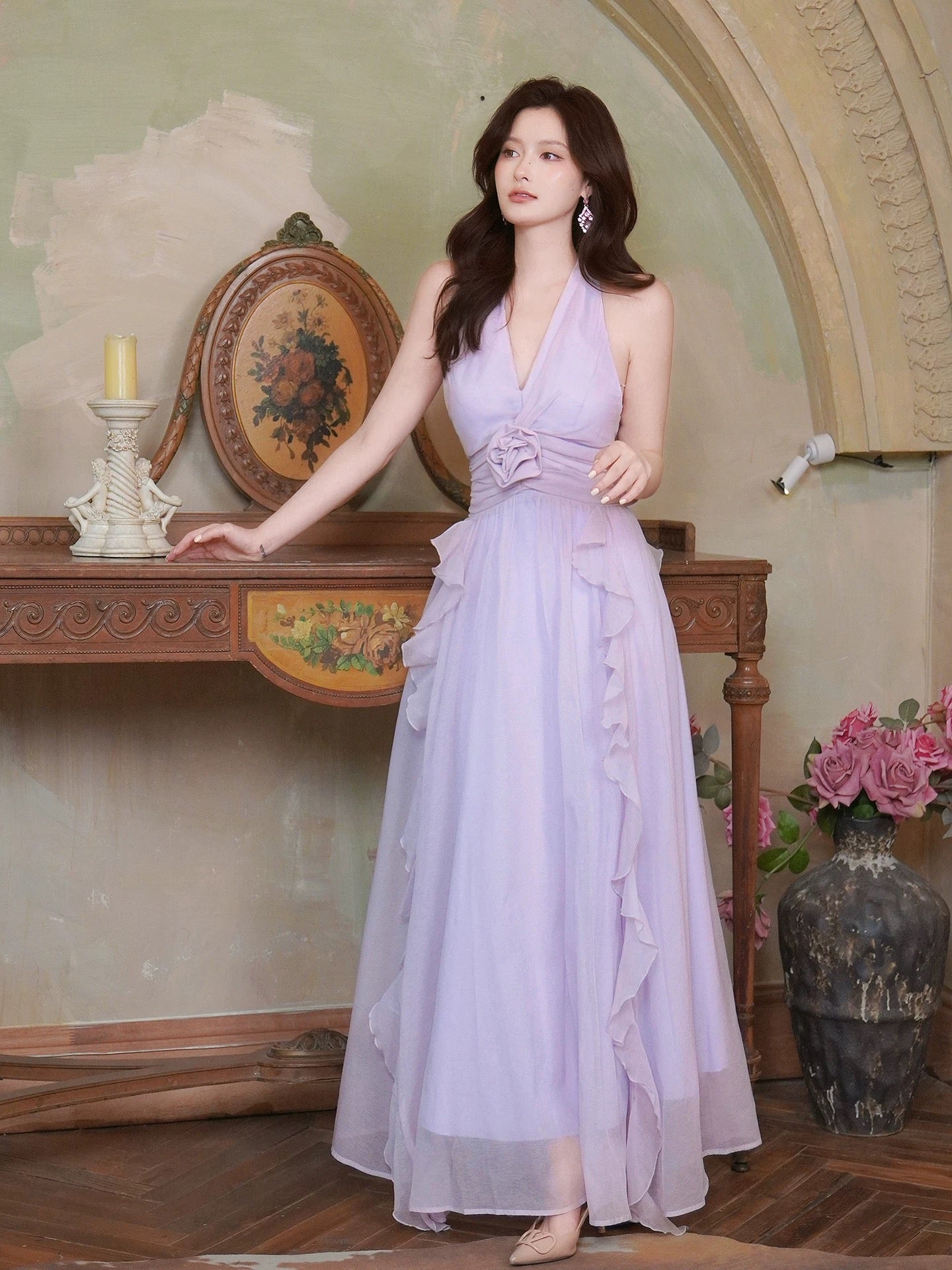Timeless A line Halter Lilac Chiffon With Ruffled Outdoor Semi Formal Garden Beach Event Outfits Wedding Guest Dresses RB5056