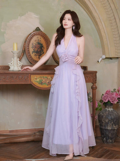 Timeless A line Halter Lilac Chiffon With Ruffled Outdoor Semi Formal Garden Beach Event Outfits Wedding Guest Dresses RB5056