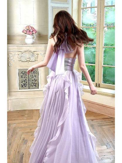 Timeless A line Halter Lilac Chiffon With Ruffled Outdoor Semi Formal Garden Beach Event Outfits Wedding Guest Dresses RB5056