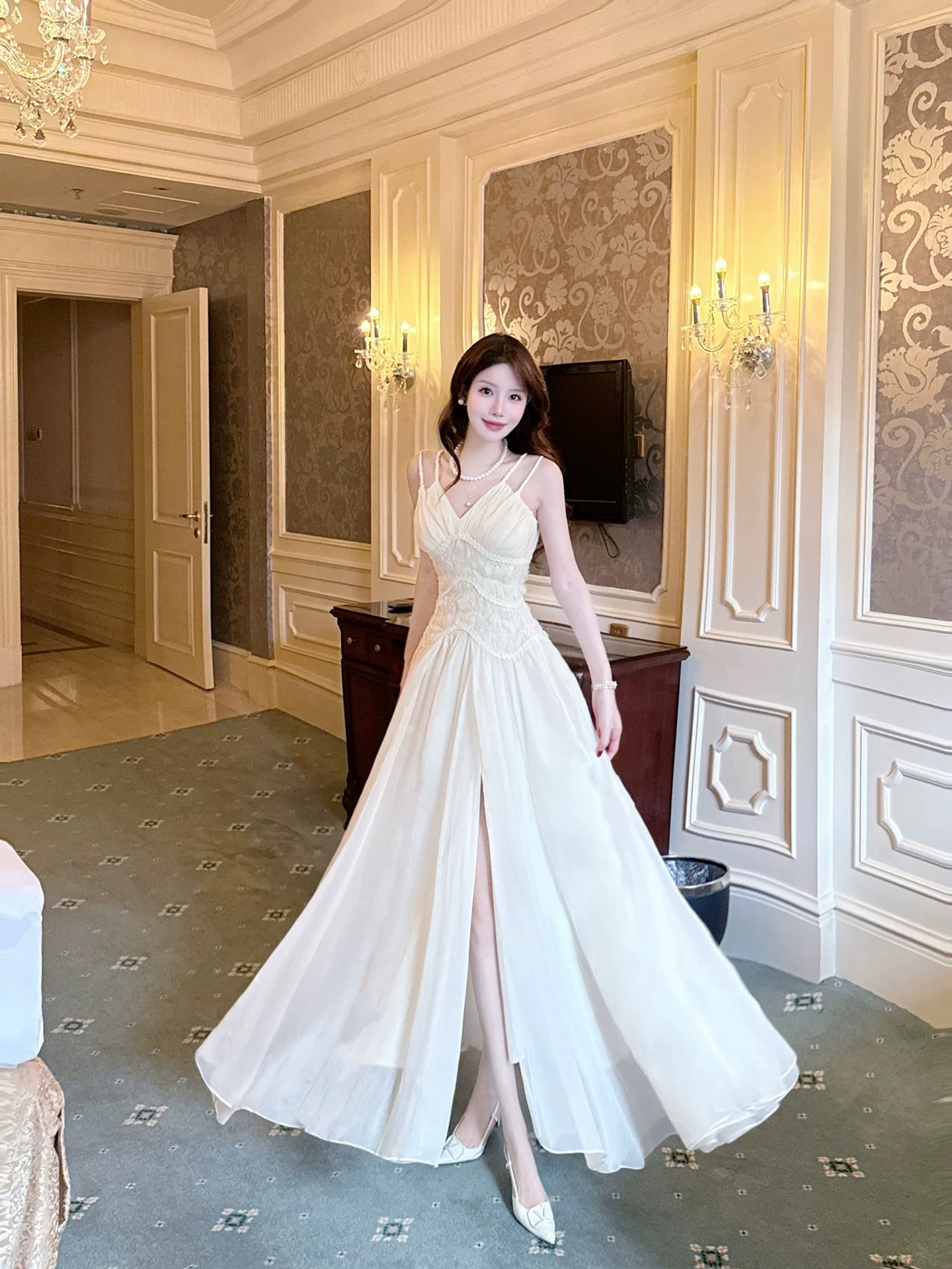 Simple Women's A line Spaghetti Strap Slit With Lace Sleeveless Date Night Outfits Outdoor Semi Formal Wedding Guest Dresses RB5059