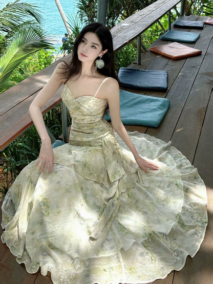 Sexy Mermaid Spaghetti Strap Floral Green Chiffon Full-hem Maxi Semi Formal Garden Date Night Outfit Wedding Guest Dresses RB5060