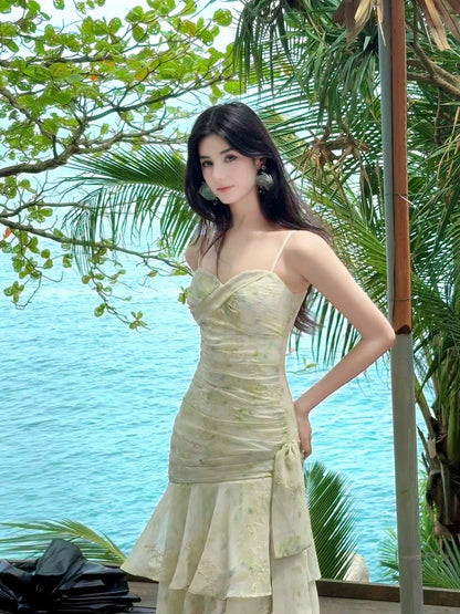Sexy Mermaid Spaghetti Strap Floral Green Chiffon Full-hem Maxi Semi Formal Garden Date Night Outfit Wedding Guest Dresses RB5060