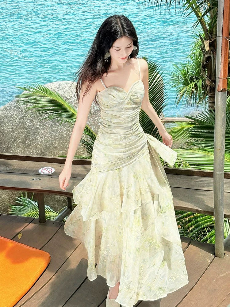 Sexy Mermaid Spaghetti Strap Floral Green Chiffon Full-hem Maxi Semi Formal Garden Date Night Outfit Wedding Guest Dresses RB5060