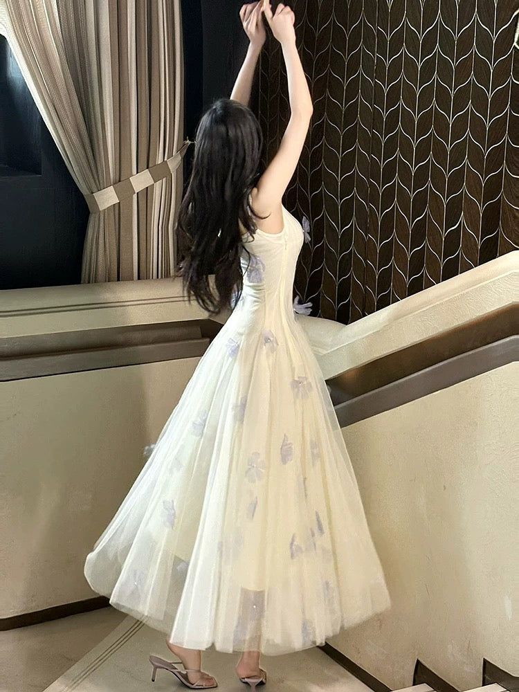 Simple Women's A line Spaghetti Strap White Tulle Sleeveless Date Night Outfits Outdoor Semi Formal Wedding Guest Dresses RB5061