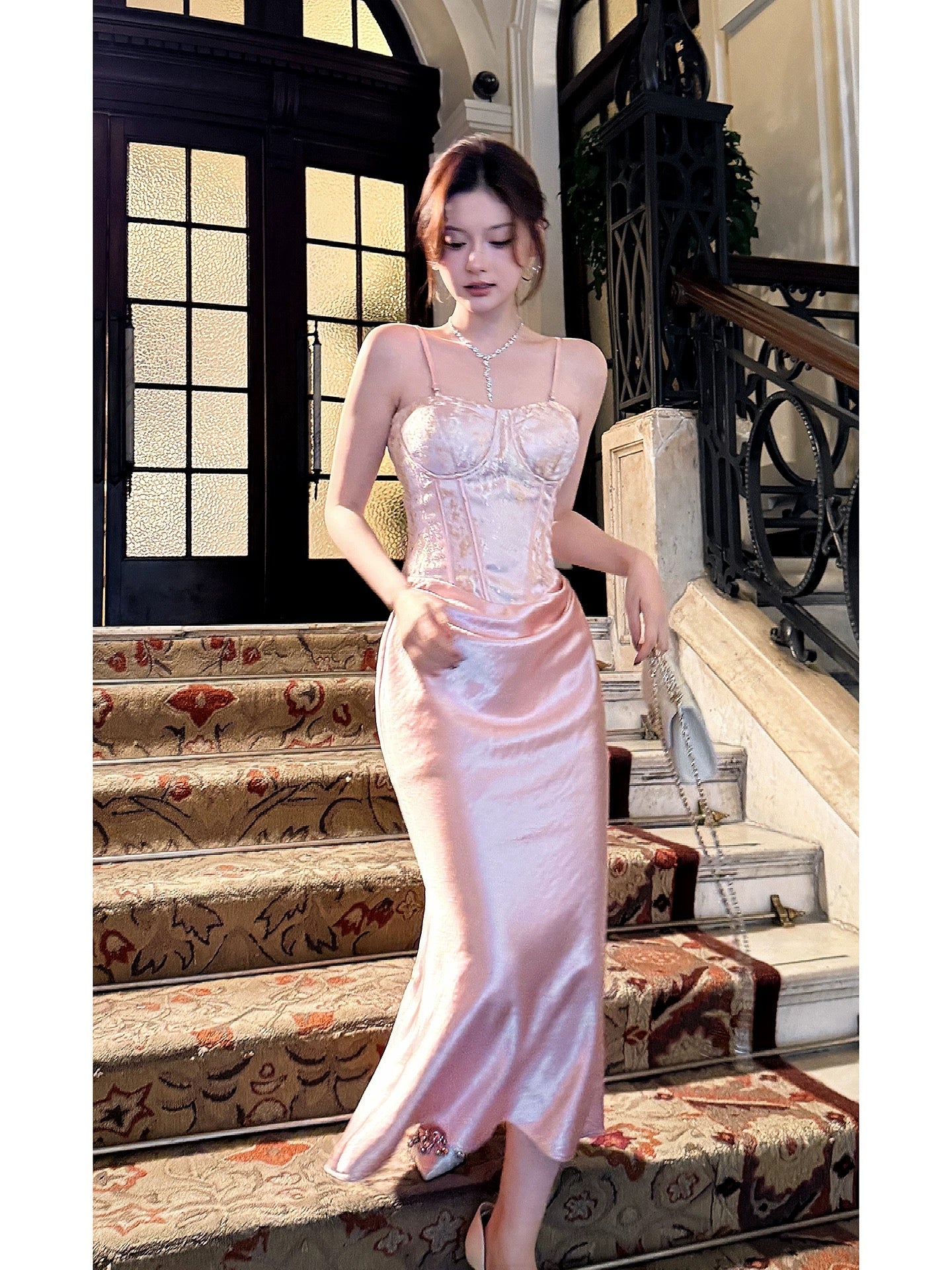 Simple Women's Mermaid Maxi Dress Spaghetti Strap Pink Satin Sleeveless Date Night Outfits Outdoor Semi Formal Wedding Guest Dresses RB5062
