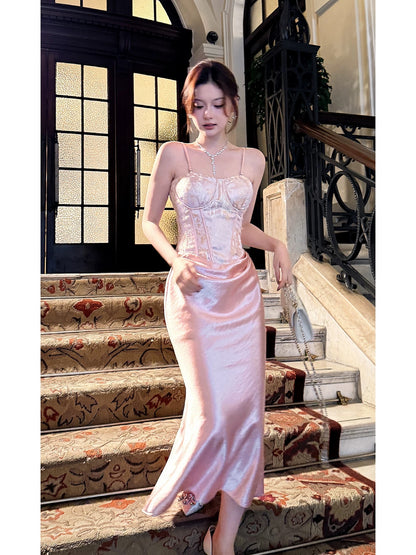 Simple Women's Mermaid Maxi Dress Spaghetti Strap Pink Satin Sleeveless Date Night Outfits Outdoor Semi Formal Wedding Guest Dresses RB5062