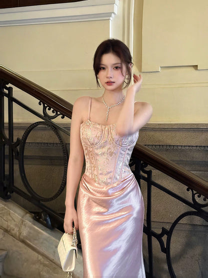 Simple Women's Mermaid Maxi Dress Spaghetti Strap Pink Satin Sleeveless Date Night Outfits Outdoor Semi Formal Wedding Guest Dresses RB5062