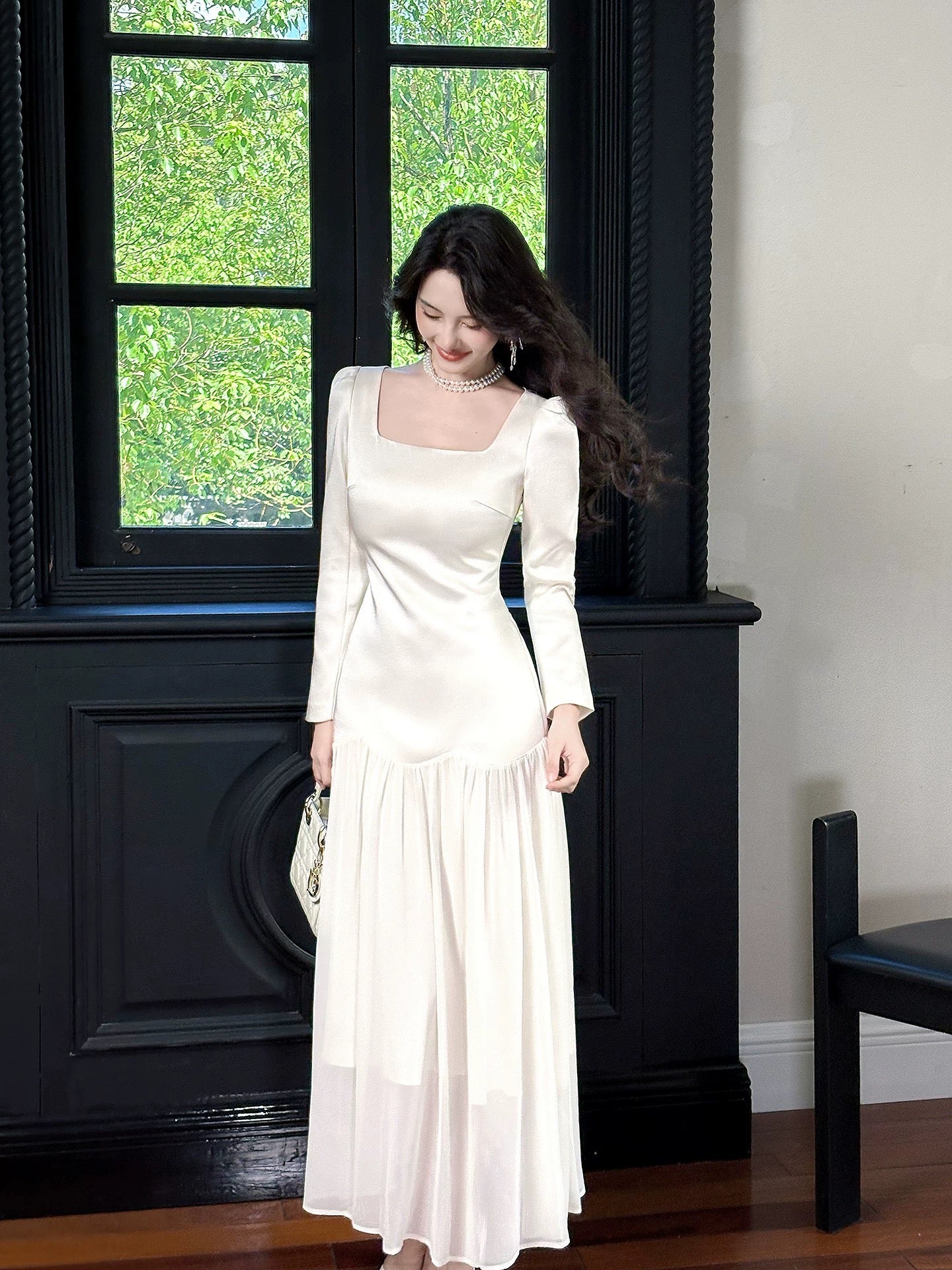 Artistic Mermaid Square Neck White Chiffon Long Sleeves Outdoor Semi Formal Summer Garden Date Night Outfit Wedding Guest Dresses RB5063