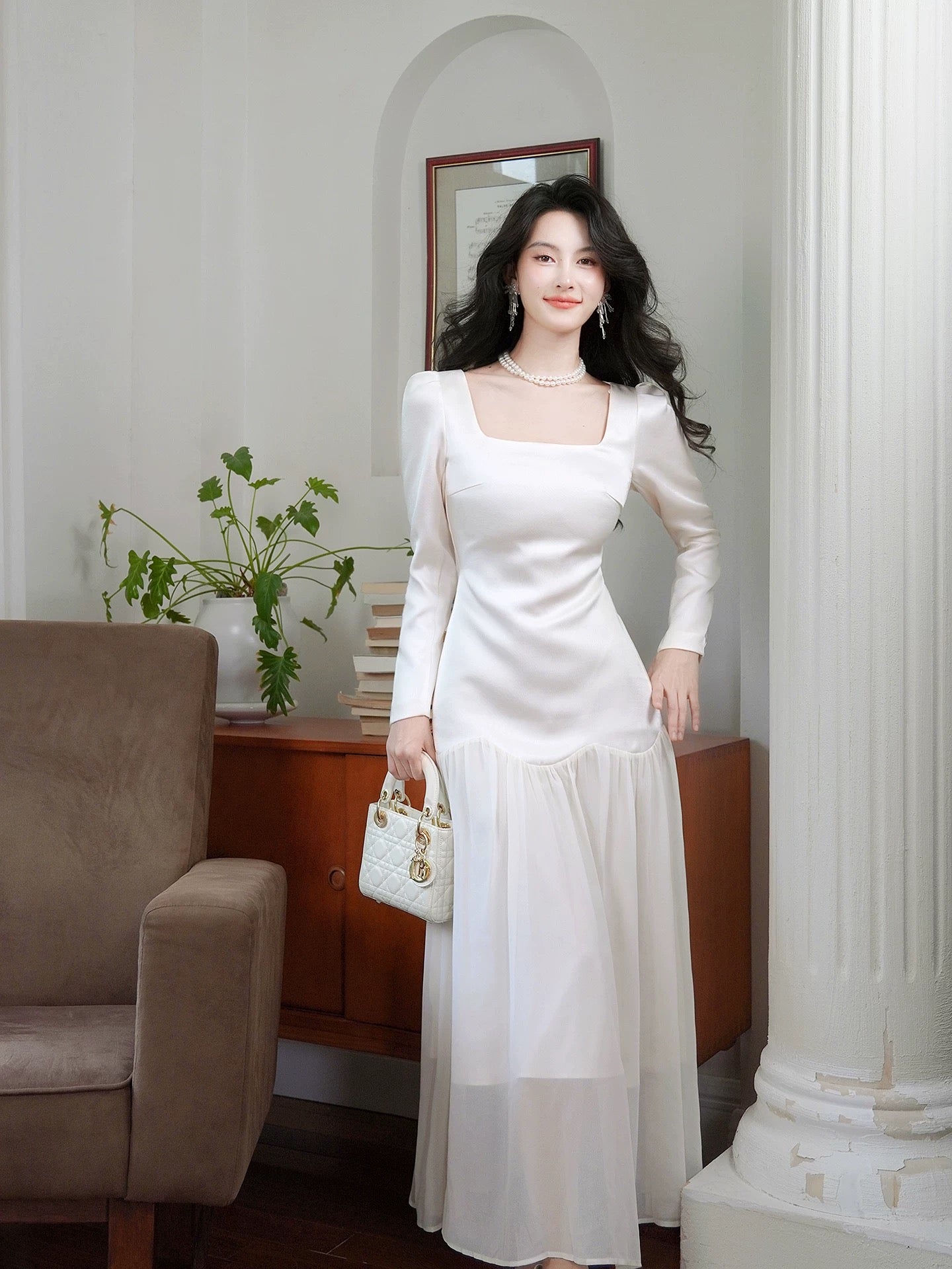 Artistic Mermaid Square Neck White Chiffon Long Sleeves Outdoor Semi Formal Summer Garden Date Night Outfit Wedding Guest Dresses RB5063