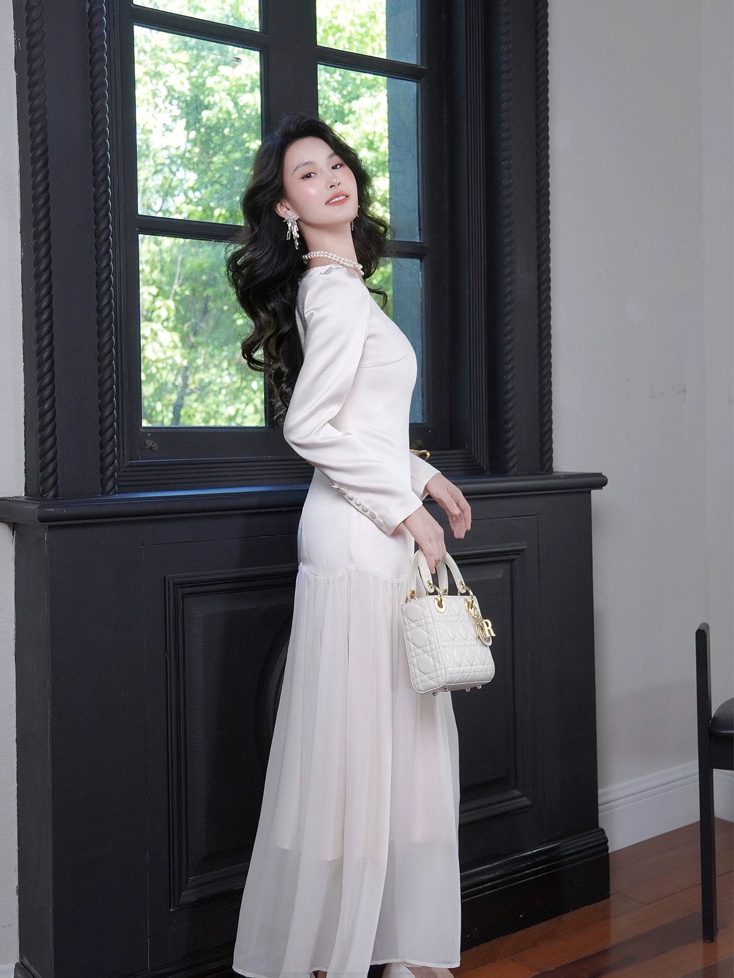 Artistic Mermaid Square Neck White Chiffon Long Sleeves Outdoor Semi Formal Summer Garden Date Night Outfit Wedding Guest Dresses RB5063