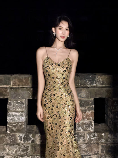 Sparkly Mermaid Spaghetti Strap Gold Sequin Full-hem Maxi Semi Formal Garden Date Night Outfit Wedding Guest Dresses RB5064
