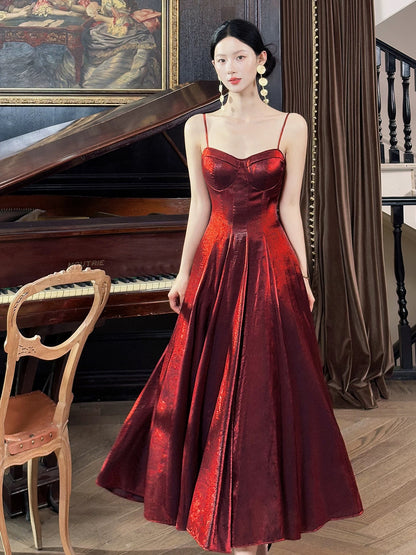 Elegant Women's A Line Maxi Dress Spaghetti Strap Burgundy Sleeveless Date Night Outfits Outdoor Semi Formal Wedding Guest Dresses RB5065