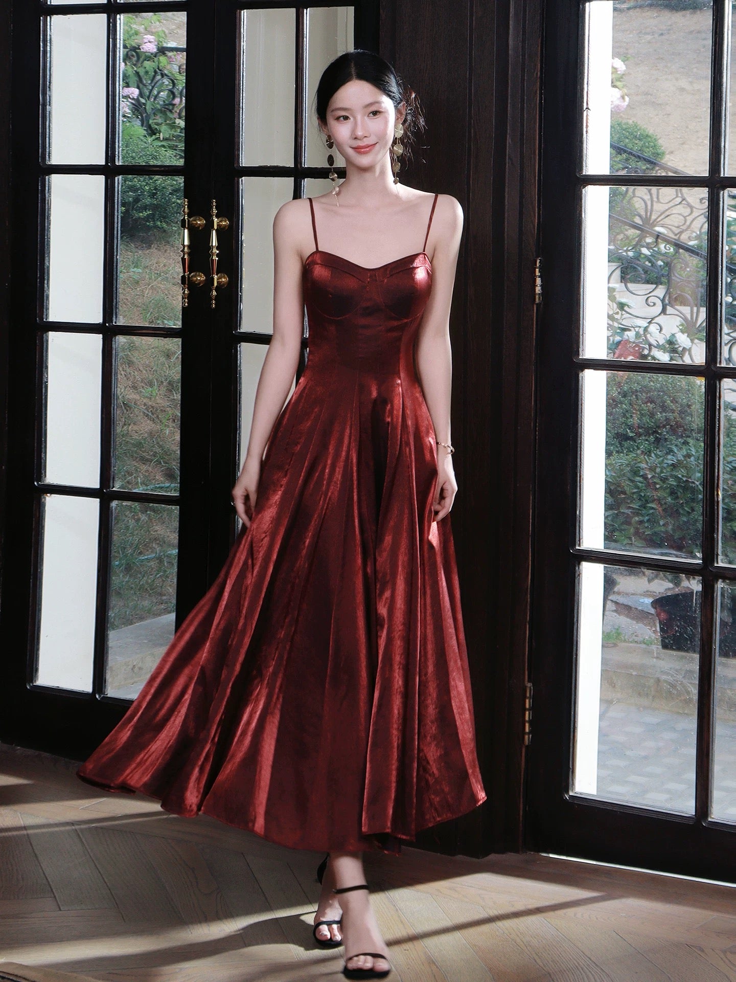 Elegant Women's A Line Maxi Dress Spaghetti Strap Burgundy Sleeveless Date Night Outfits Outdoor Semi Formal Wedding Guest Dresses RB5065