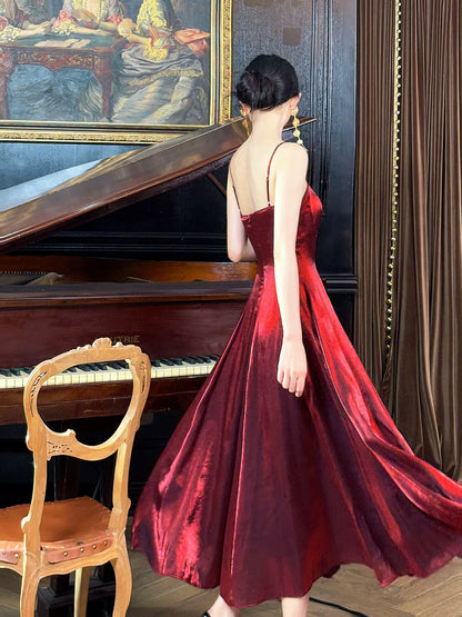 Elegant Women's A Line Maxi Dress Spaghetti Strap Burgundy Sleeveless Date Night Outfits Outdoor Semi Formal Wedding Guest Dresses RB5065