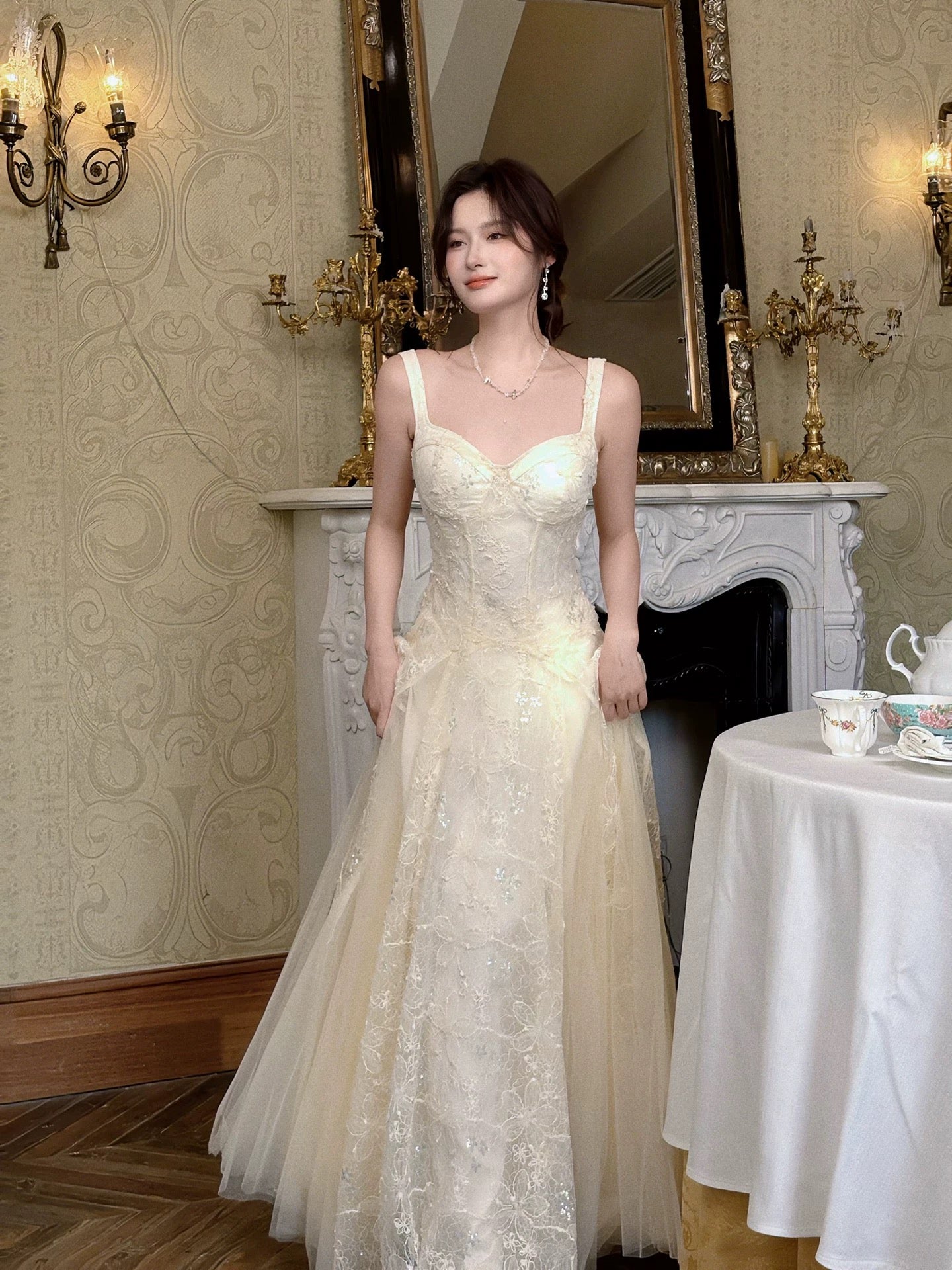 Princess Women's A Line Maxi Dress Strap Lace Tulle Sleeveless Date Night Outfits Outdoor Semi Formal Wedding Guest Dresses RB5067