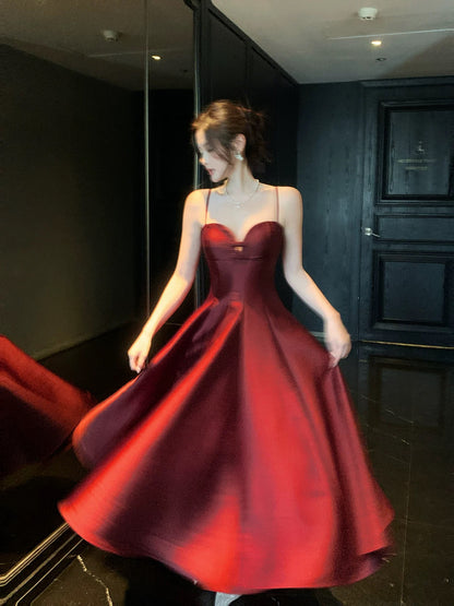 Elegant Women's A Line Maxi Dress Spaghetti Strap Burgundy Satin Sleeveless Date Night Outfits Outdoor Semi Formal Wedding Guest Dresses RB5066