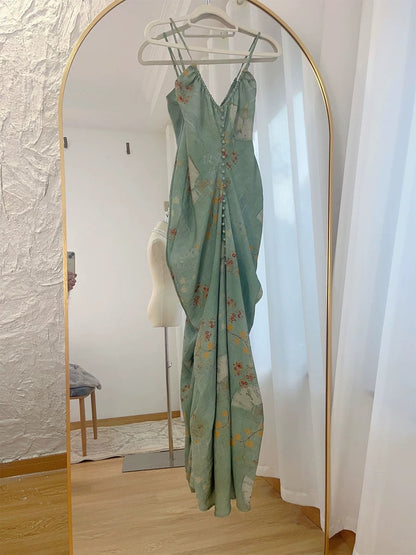Dazzling Sheath Spaghetti Strap Green Chiffon With Ruffled Floral Outdoor Semi Formal Garden Beach Event Outfits Wedding Guest Dresses RB5069