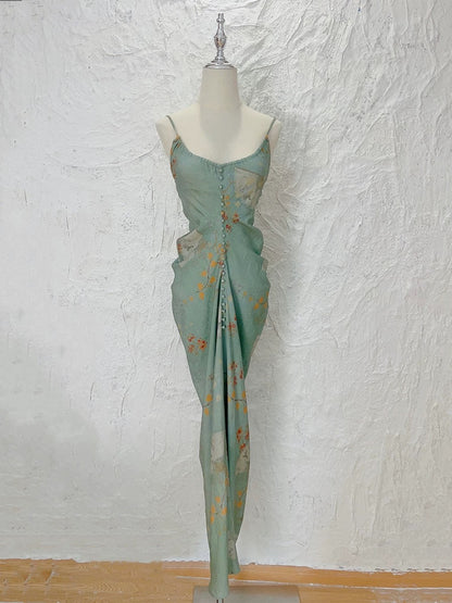Dazzling Sheath Spaghetti Strap Green Chiffon With Ruffled Floral Outdoor Semi Formal Garden Beach Event Outfits Wedding Guest Dresses RB5069