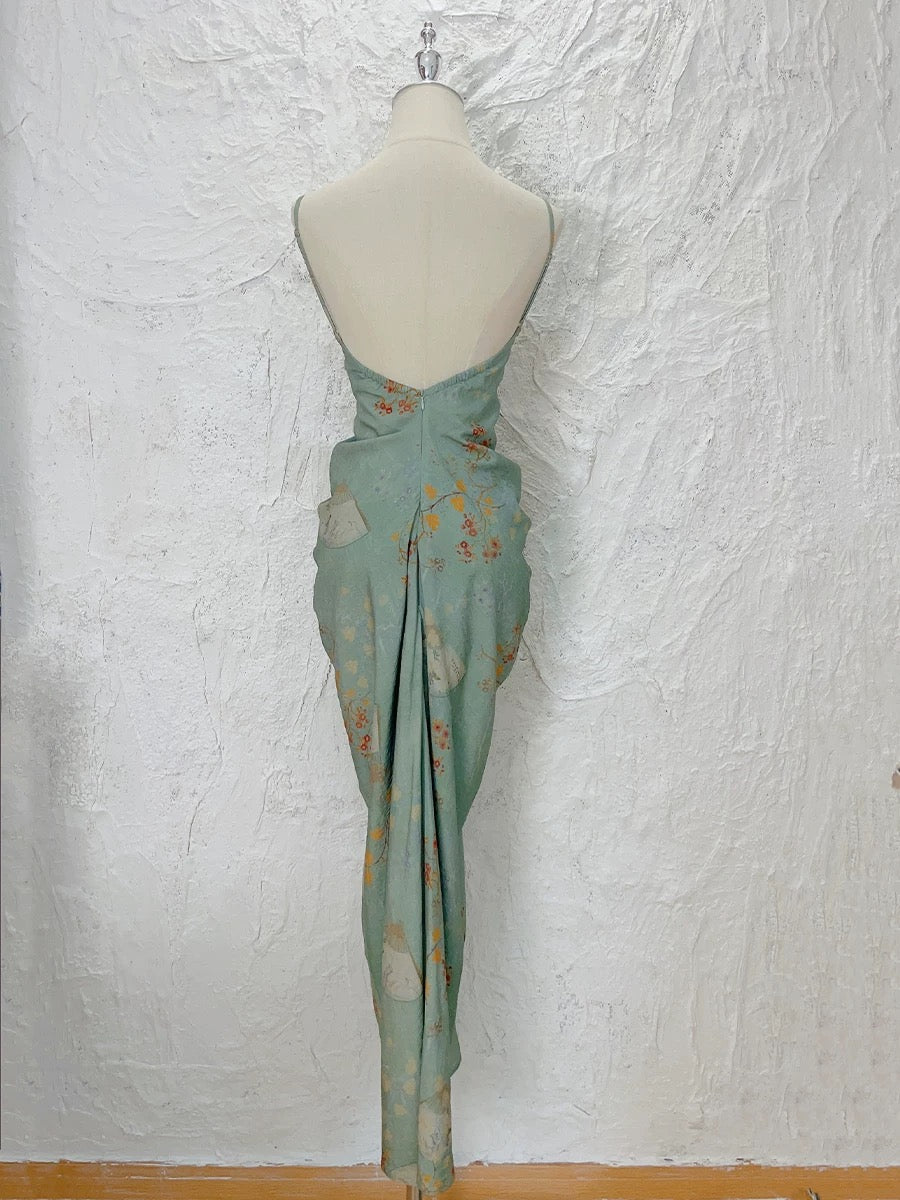 Dazzling Sheath Spaghetti Strap Green Chiffon With Ruffled Floral Outdoor Semi Formal Garden Beach Event Outfits Wedding Guest Dresses RB5069