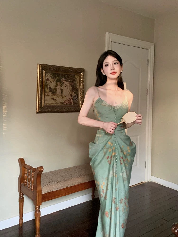 Dazzling Sheath Spaghetti Strap Green Chiffon With Ruffled Floral Outdoor Semi Formal Garden Beach Event Outfits Wedding Guest Dresses RB5069