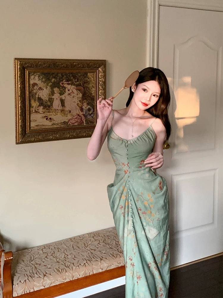 Dazzling Sheath Spaghetti Strap Green Chiffon With Ruffled Floral Outdoor Semi Formal Garden Beach Event Outfits Wedding Guest Dresses RB5069