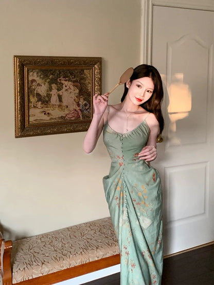 Dazzling Sheath Spaghetti Strap Green Chiffon With Ruffled Floral Outdoor Semi Formal Garden Beach Event Outfits Wedding Guest Dresses RB5069