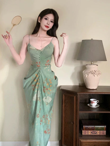 Dazzling Sheath Spaghetti Strap Green Chiffon With Ruffled Floral Outdoor Semi Formal Garden Beach Event Outfits Wedding Guest Dresses RB5069