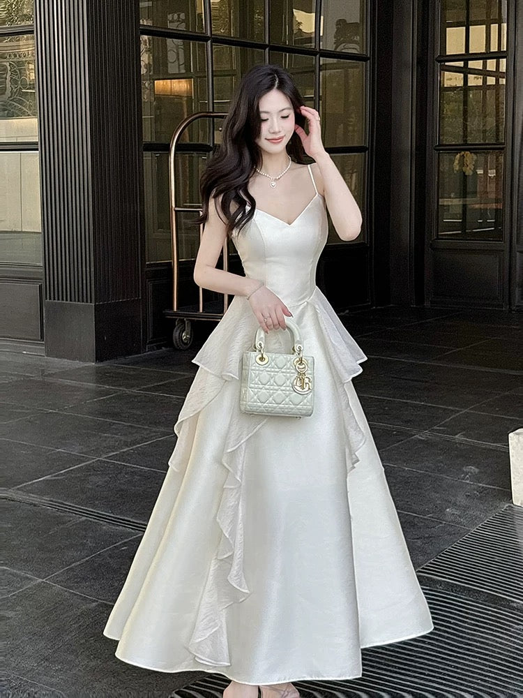 A line White Spaghetti Strap Chiffon With Ruffled Full-hem Maxi Semi Formal Garden Date Night Outfit Wedding Guest Dresses RB5070