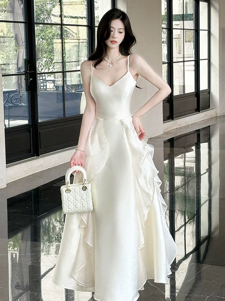 A line White Spaghetti Strap Chiffon With Ruffled Full-hem Maxi Semi Formal Garden Date Night Outfit Wedding Guest Dresses RB5070