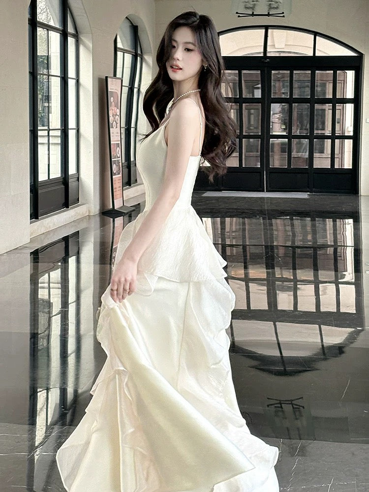 A line White Spaghetti Strap Chiffon With Ruffled Full-hem Maxi Semi Formal Garden Date Night Outfit Wedding Guest Dresses RB5070