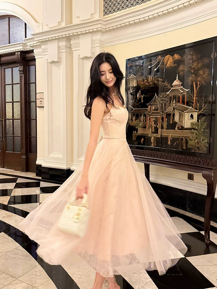 Pretty A line Spaghetti Strap Pink Tulle With Corset Back Full-hem Maxi Semi Formal Garden Date Night Outfit Wedding Guest Dresses RB5072