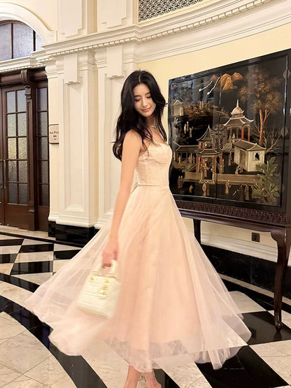 Pretty A line Spaghetti Strap Pink Tulle With Corset Back Full-hem Maxi Semi Formal Garden Date Night Outfit Wedding Guest Dresses RB5072