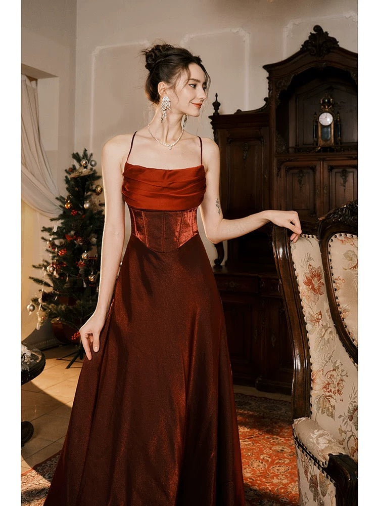 Pretty A line Spaghetti Strap Burgundy Satin Full-hem Maxi Semi Formal Garden Date Night Outfit Wedding Guest Dresses RB5073