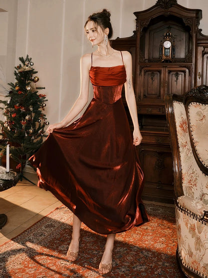 Pretty A line Spaghetti Strap Burgundy Satin Full-hem Maxi Semi Formal Garden Date Night Outfit Wedding Guest Dresses RB5073