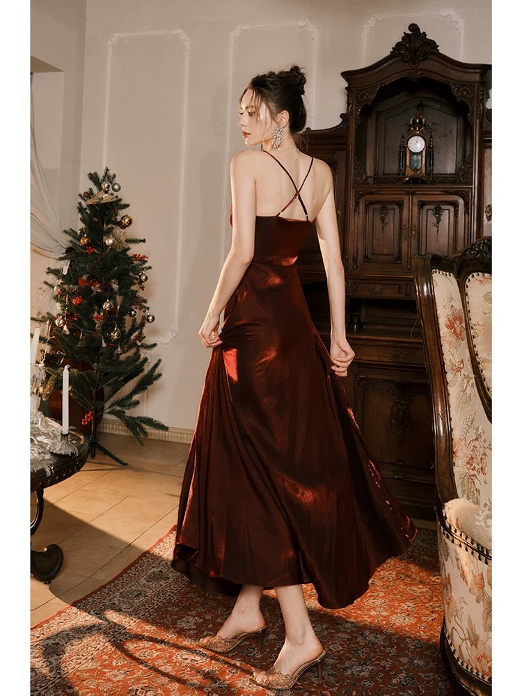 Pretty A line Spaghetti Strap Burgundy Satin Full-hem Maxi Semi Formal Garden Date Night Outfit Wedding Guest Dresses RB5073