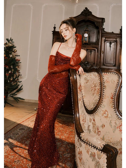 Pretty Mermaid Spaghetti Strap Burgundy Sequin Full-hem Maxi Semi Formal Garden Date Night Outfit Wedding Guest Dresses RB5074