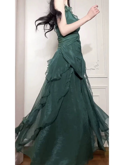 Princess Women's A Line Spaghetti Strap Dark Green Maxi Dress Strap Sleeveless Date Night Outfits Outdoor Semi Formal Wedding Guest Dresses RB5075