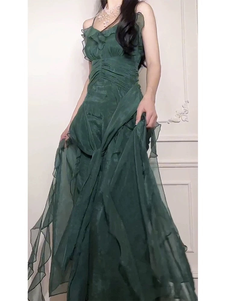 Princess Women's A Line Spaghetti Strap Dark Green Maxi Dress Strap Sleeveless Date Night Outfits Outdoor Semi Formal Wedding Guest Dresses RB5075