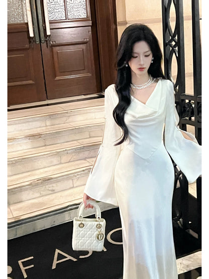 Artistic Mermaid Cowl Neck White Satin With Long Sleeve Outdoor Semi Formal Summer Garden Date Night Outfit Wedding Guest Dresses RB5077