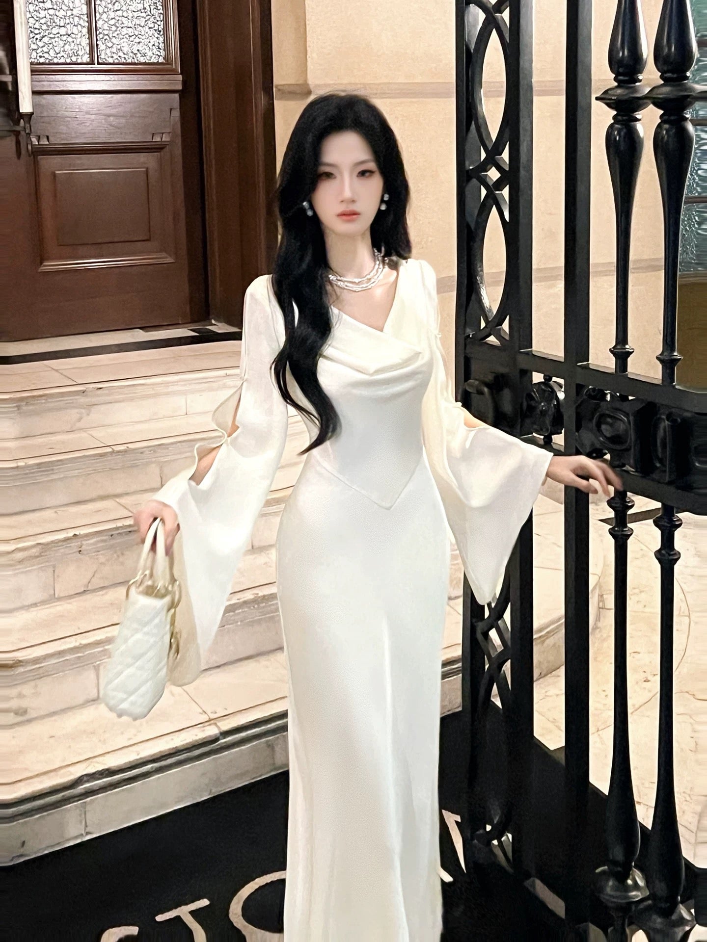 Artistic Mermaid Cowl Neck White Satin With Long Sleeve Outdoor Semi Formal Summer Garden Date Night Outfit Wedding Guest Dresses RB5077