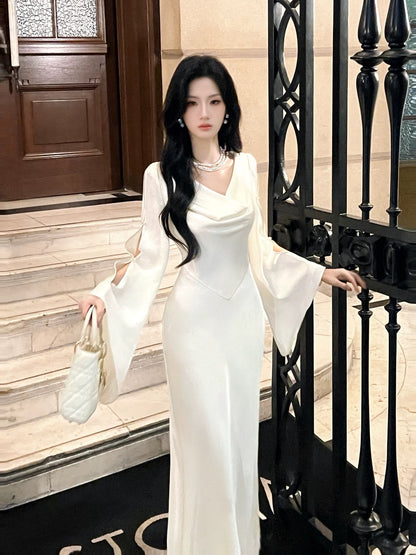 Artistic Mermaid Cowl Neck White Satin With Long Sleeve Outdoor Semi Formal Summer Garden Date Night Outfit Wedding Guest Dresses RB5077