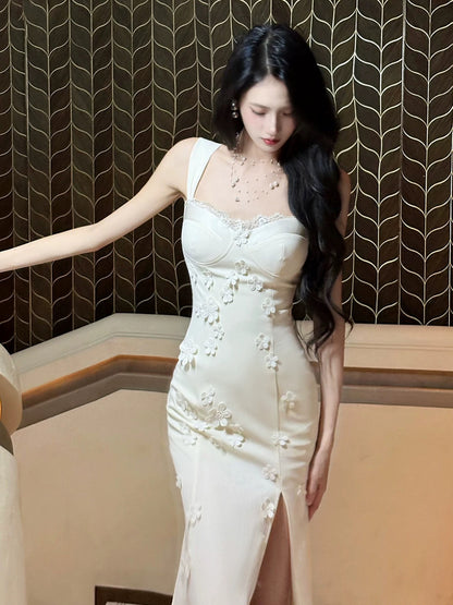 Sexy Women's Sheath Square Neck White Lace With High Split Maxi Dress Date Night Outfits Outdoor Semi Formal Wedding Guest Dresses RB5079
