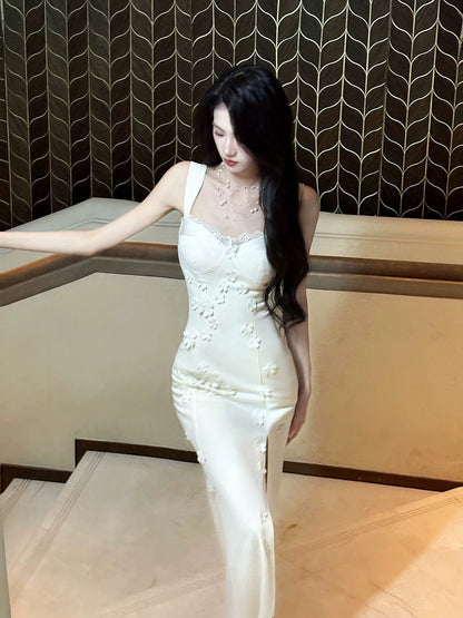Sexy Women's Sheath Square Neck White Lace With High Split Maxi Dress Date Night Outfits Outdoor Semi Formal Wedding Guest Dresses RB5079