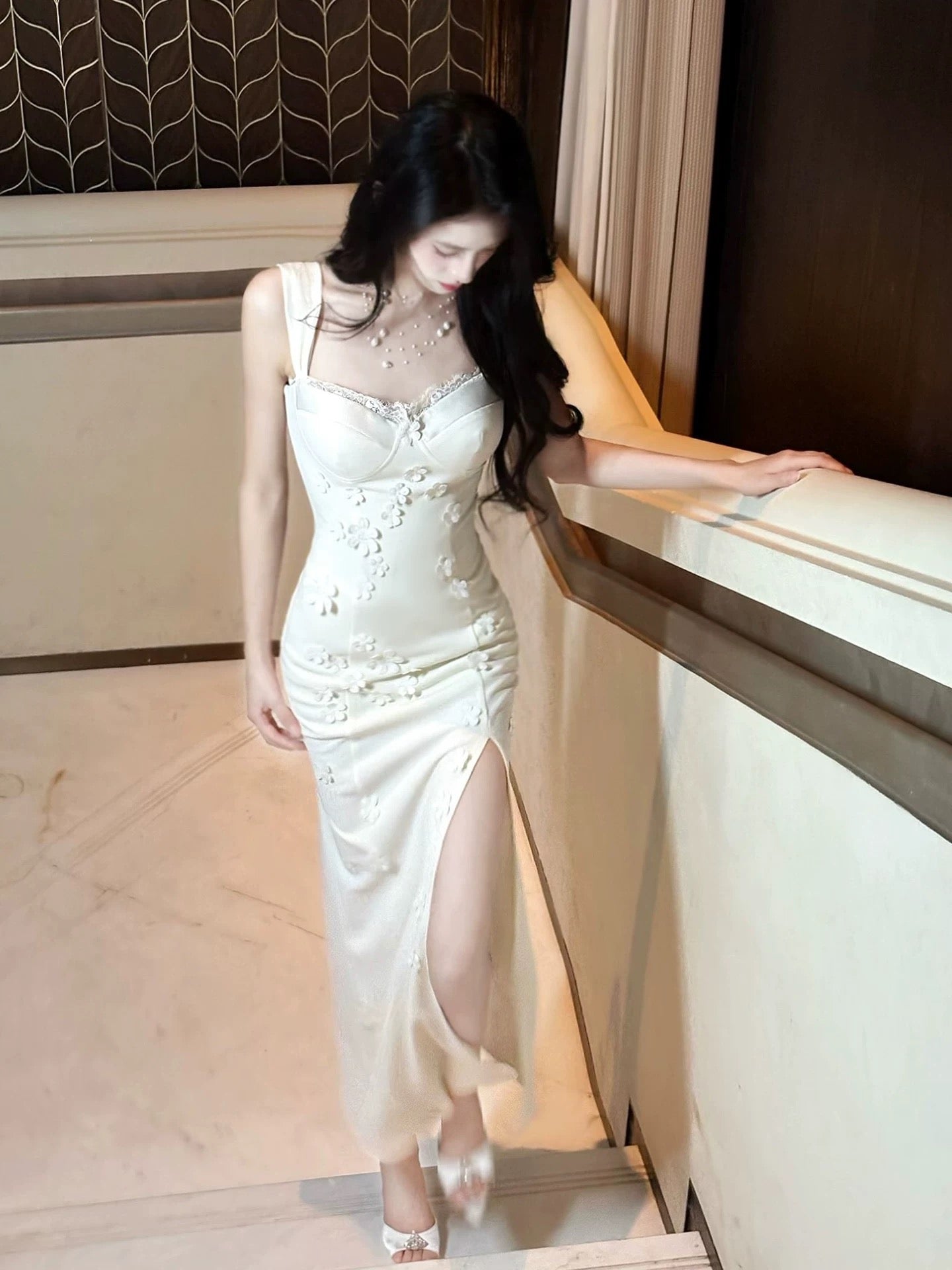 Sexy Women's Sheath Square Neck White Lace With High Split Maxi Dress Date Night Outfits Outdoor Semi Formal Wedding Guest Dresses RB5079