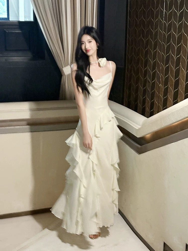 Pretty A line Spaghetti Strap White Satin Full-hem Maxi Semi Formal Garden Date Night Outfit Wedding Guest Dresses RB5081