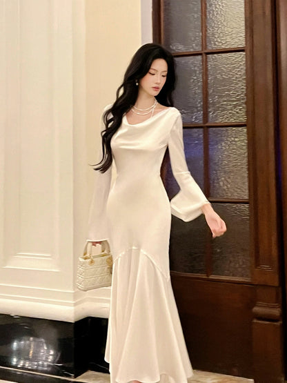 Artistic Mermaid Cowl Neck White Satin With Long Sleeve Outdoor Semi Formal Summer Garden Date Night Outfits Wedding Guest Dresses RB5082