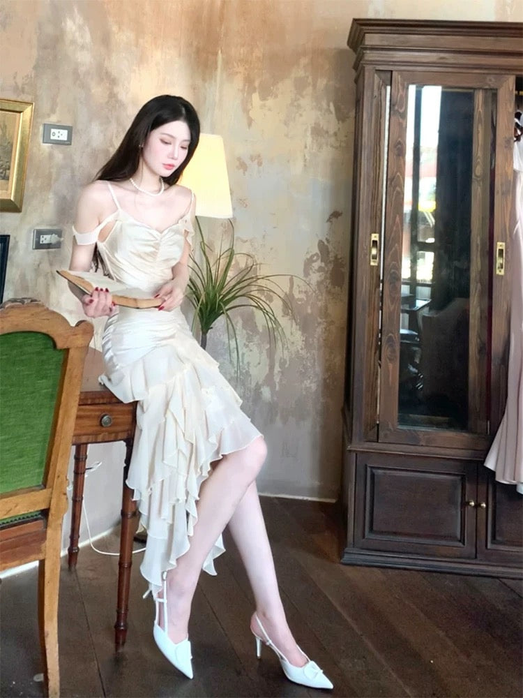 Pretty Mermaid Spaghetti Strap White Chiffon Tea Length Maxi Semi Formal Garden Date Night Outfit Wedding Guest Dresses RB5083