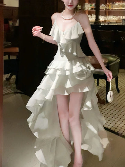 Sexy Women's High Low Spaghetti Strap White Chiffon With Layers Maxi Dress Date Night Outfits Outdoor Semi Formal Wedding Guest Dresses RB5084